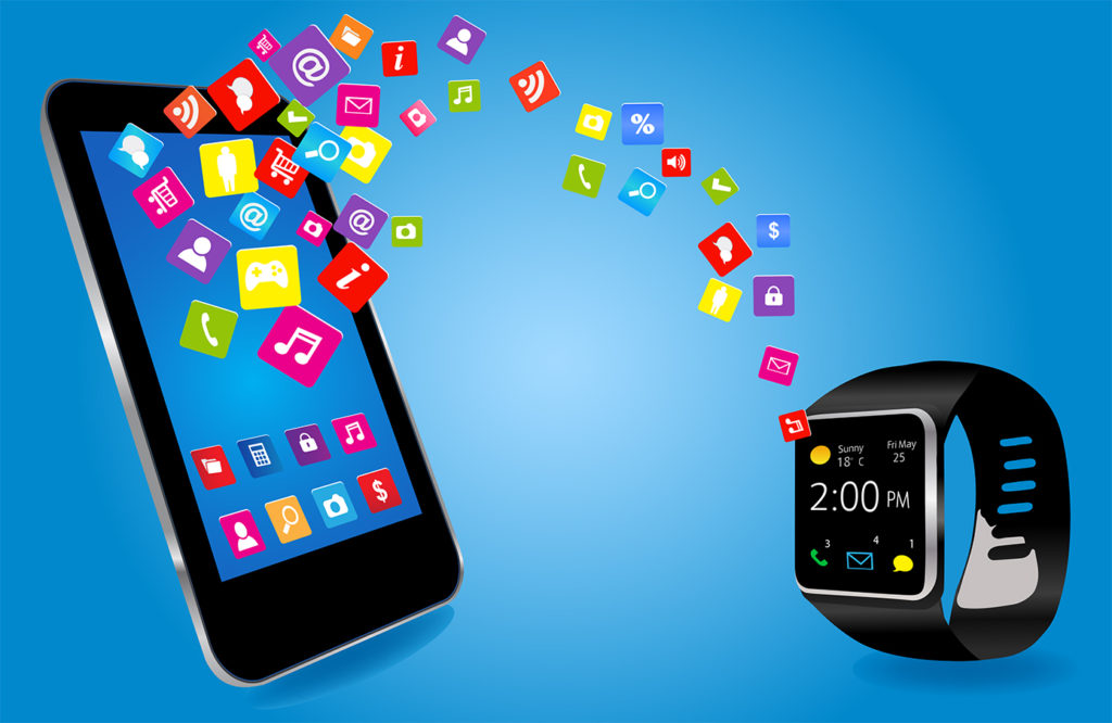 Smartwatch and Smart phone with colorful Application Icons sharing